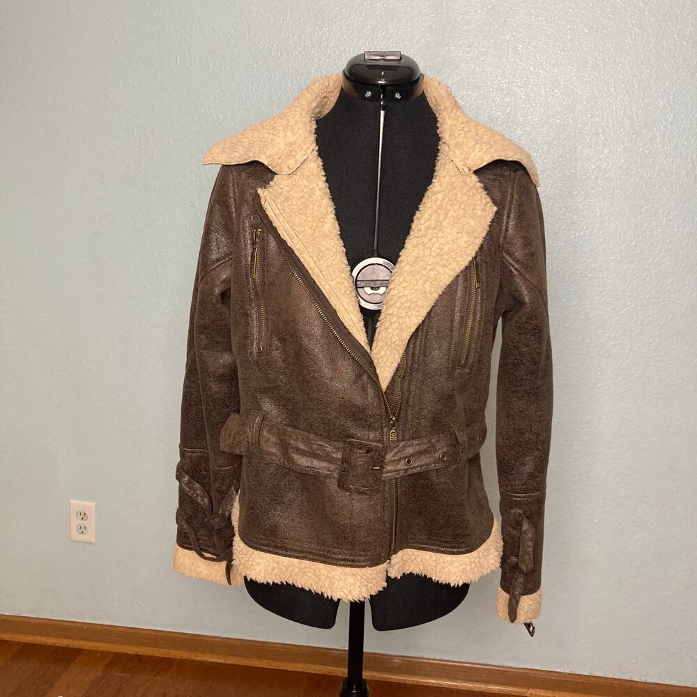 S M Odyn blazer Brown moto jacket pocket detail zipper pleather belt sherpa cuff